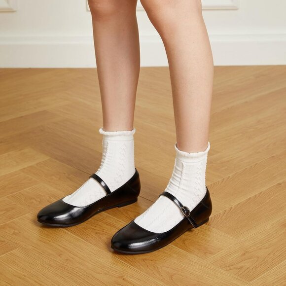 Trary Women New BlackLeather Round Toe Mary Jane Ankle Strap Ballet Flats Shoes - Picture 2 of 7